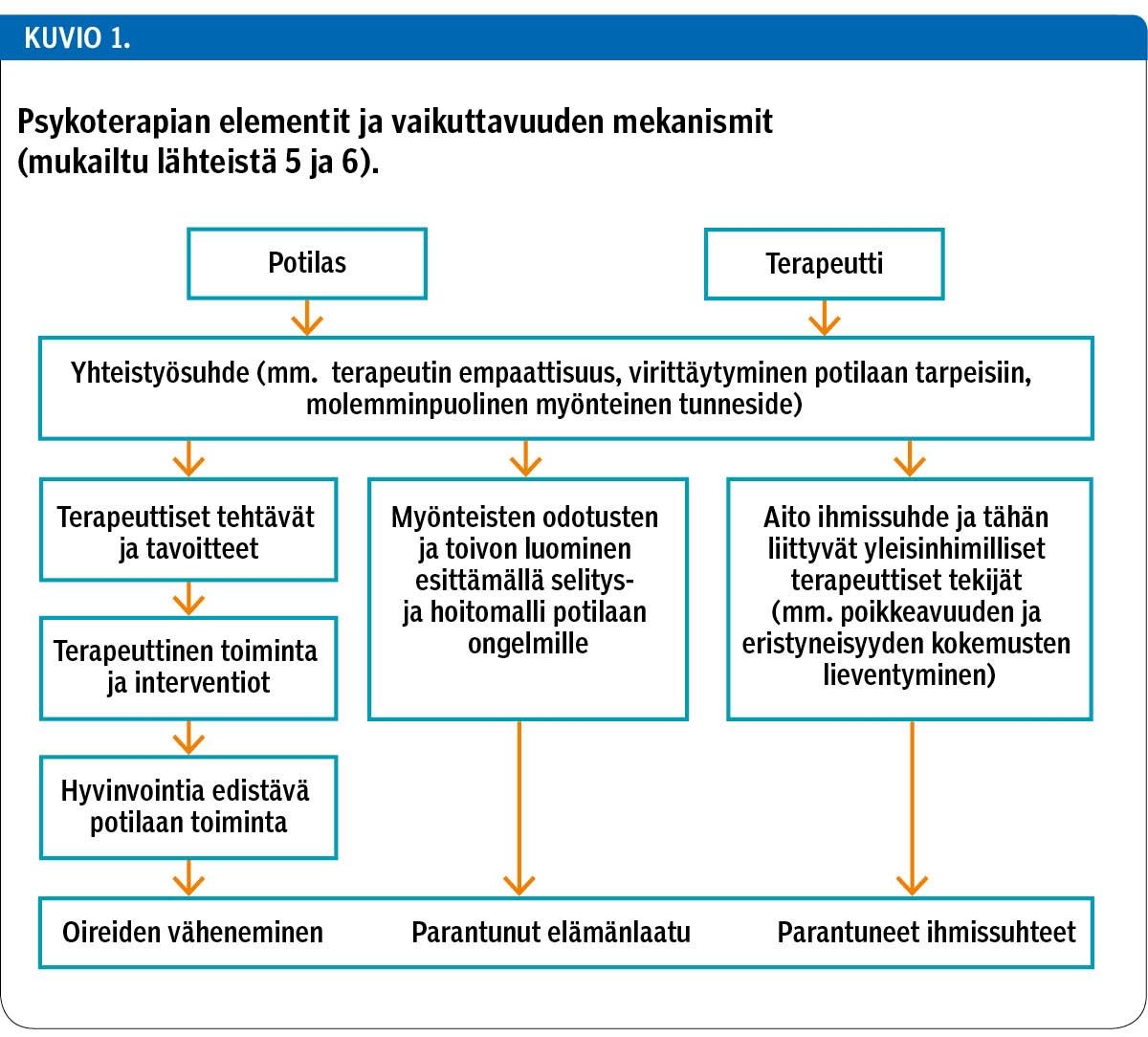 Psykoterapian elementit ja vaikuttavuuden mekanismit (mukailtu lähteistä 5 ja 6).