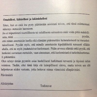 Lääkärin Suomi 100/65. Testamentti viimeisiä elinpäiviä varten  – ensimmäinen hoitotahtolomake 1975