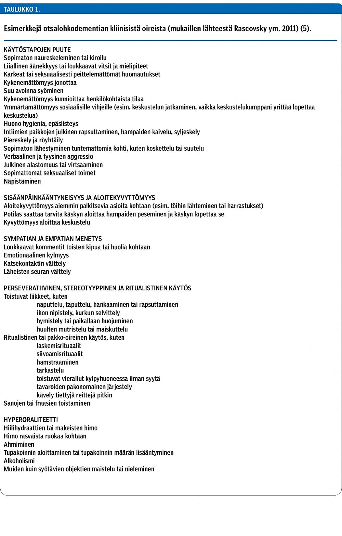Esimerkkejä otsalohkodementian kliinisistä oireista (mukaillen lähteestä Rascovsky ym. 2011) (5).