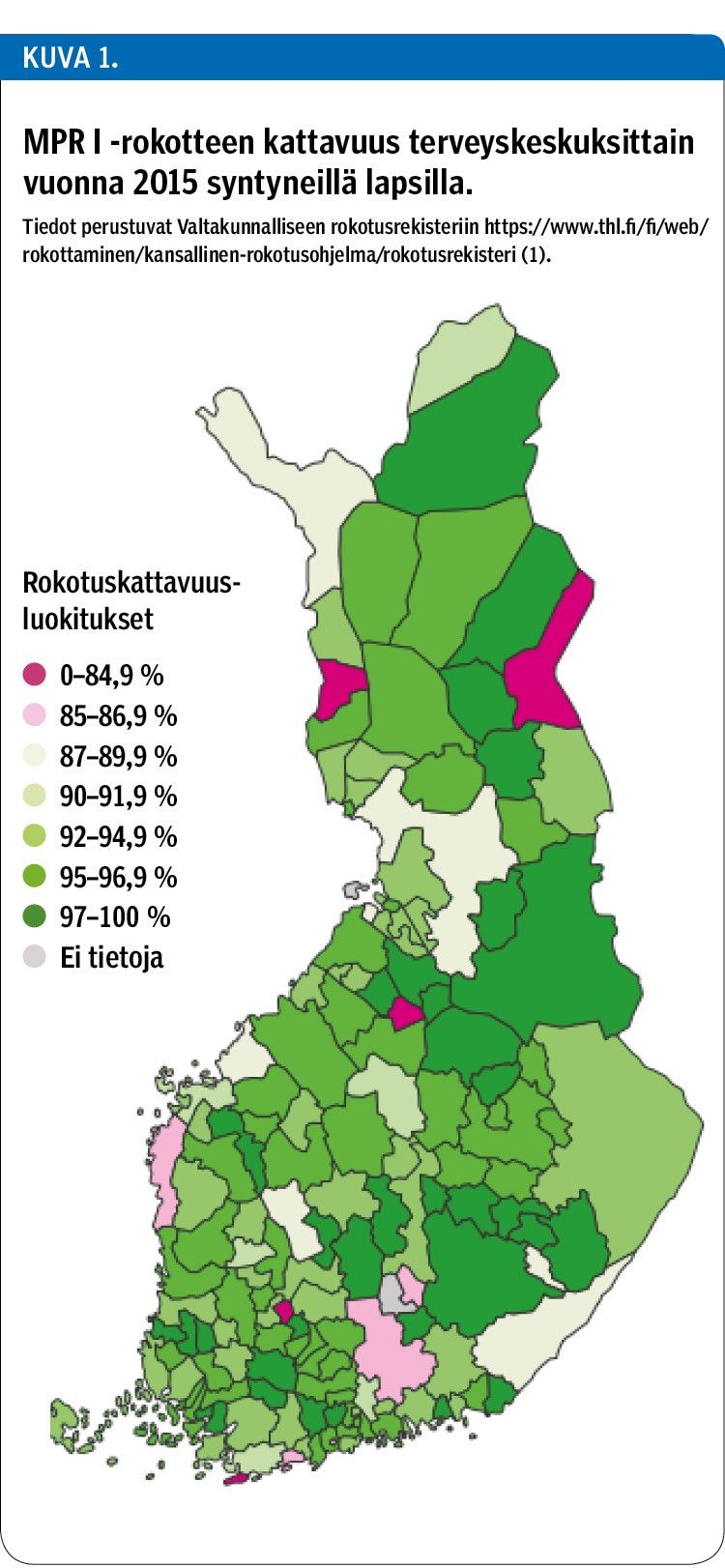 MPR I -rokotteen kattavuus terveyskeskuksittain vuonna 2015 syntyneillä lapsilla.