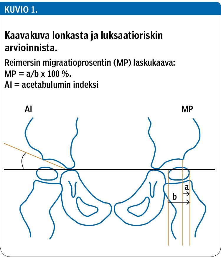 Kuvio 1.
<b>KaavaKuva lonkasta ja luksaatioriskin arvioinnista.</b>