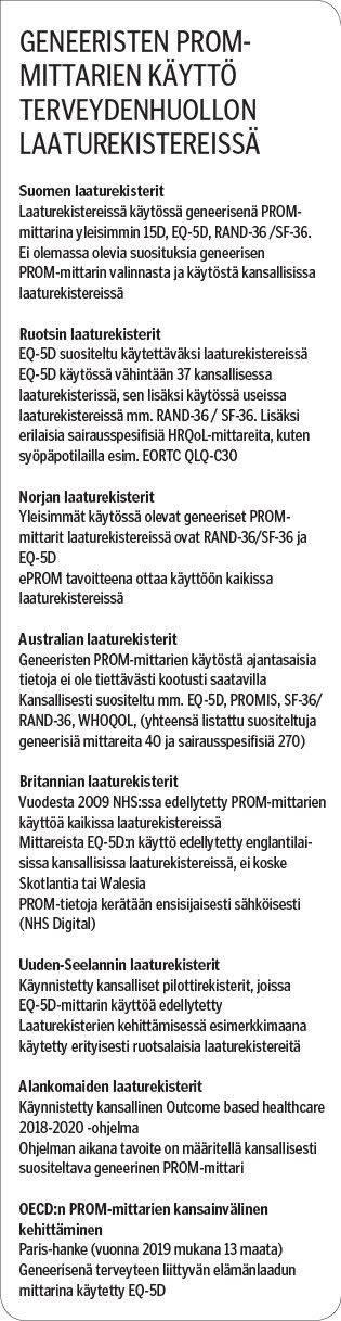 Geneeristen PROM-mittarien käyttö terveydenhuollon laaturekistereissä