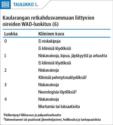Kaularangan retkahdusvammaan liittyvien oireiden WAD-luokitus (6)