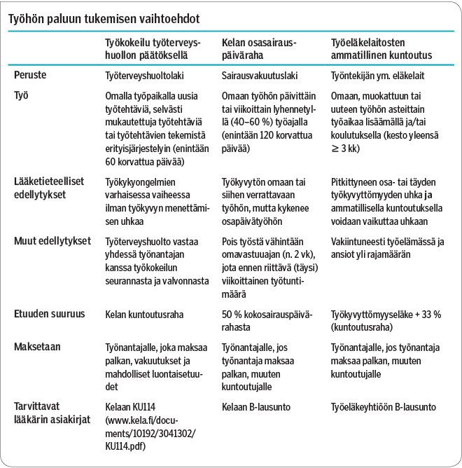 Taulukko 1
Työhön paluun tukemisen vaihtoehdot<p/>