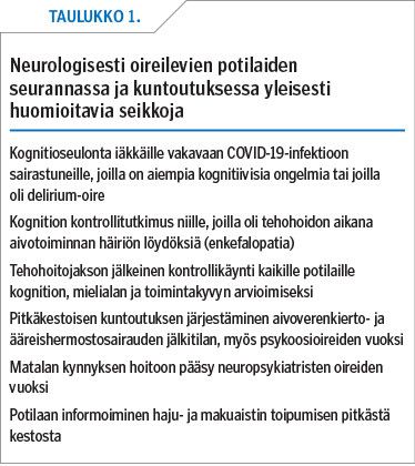 Neurologisesti oireilevien potilaiden seurannassa ja kuntoutuksessa yleisesti huomioitavia seikkoja